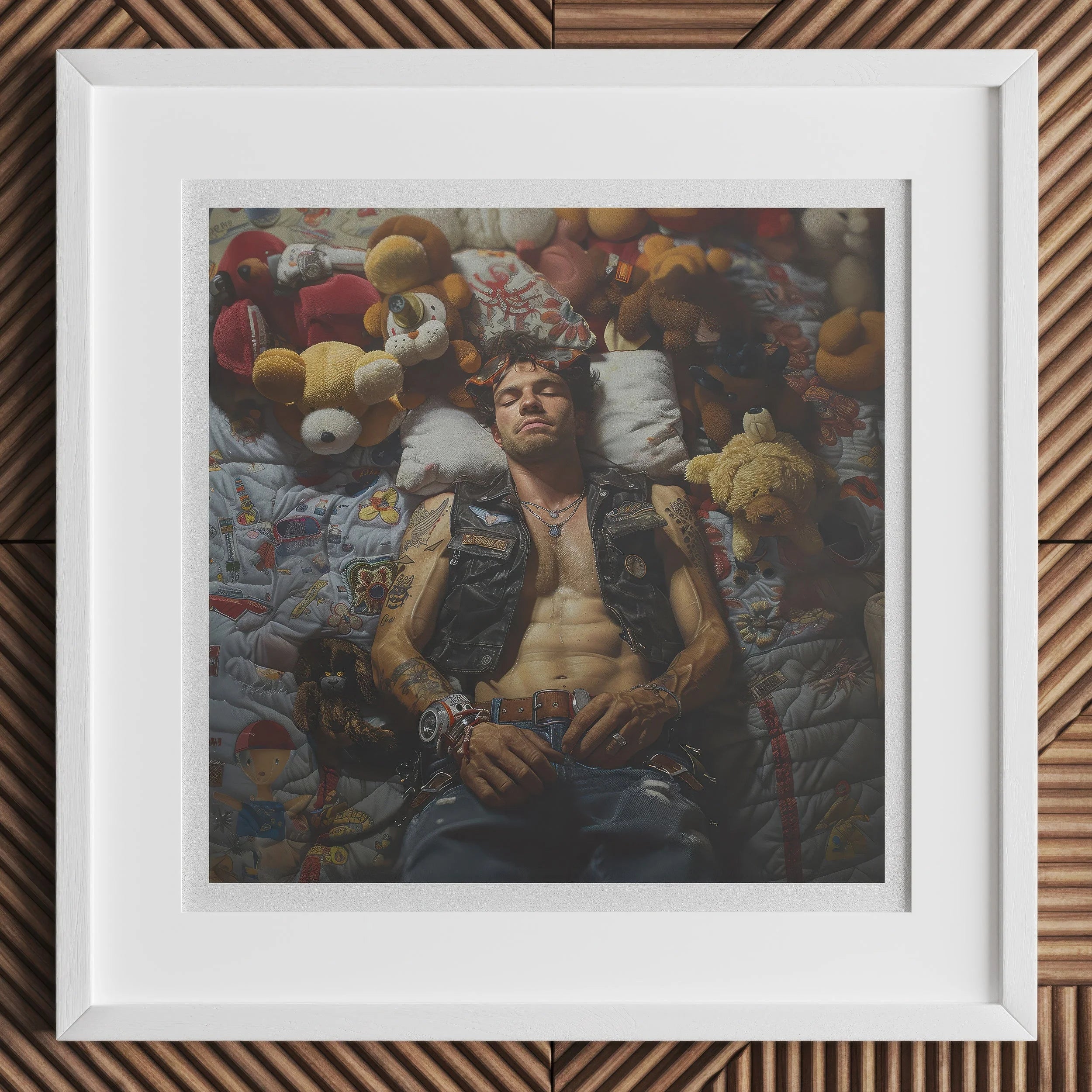 Sacked - Lowbrow Homoerotic Gay Biker Art Print, 12x12’’ / 31x31cm / White Frame / 2’’ Matboard, Framed Artwork Shirtless Man Among