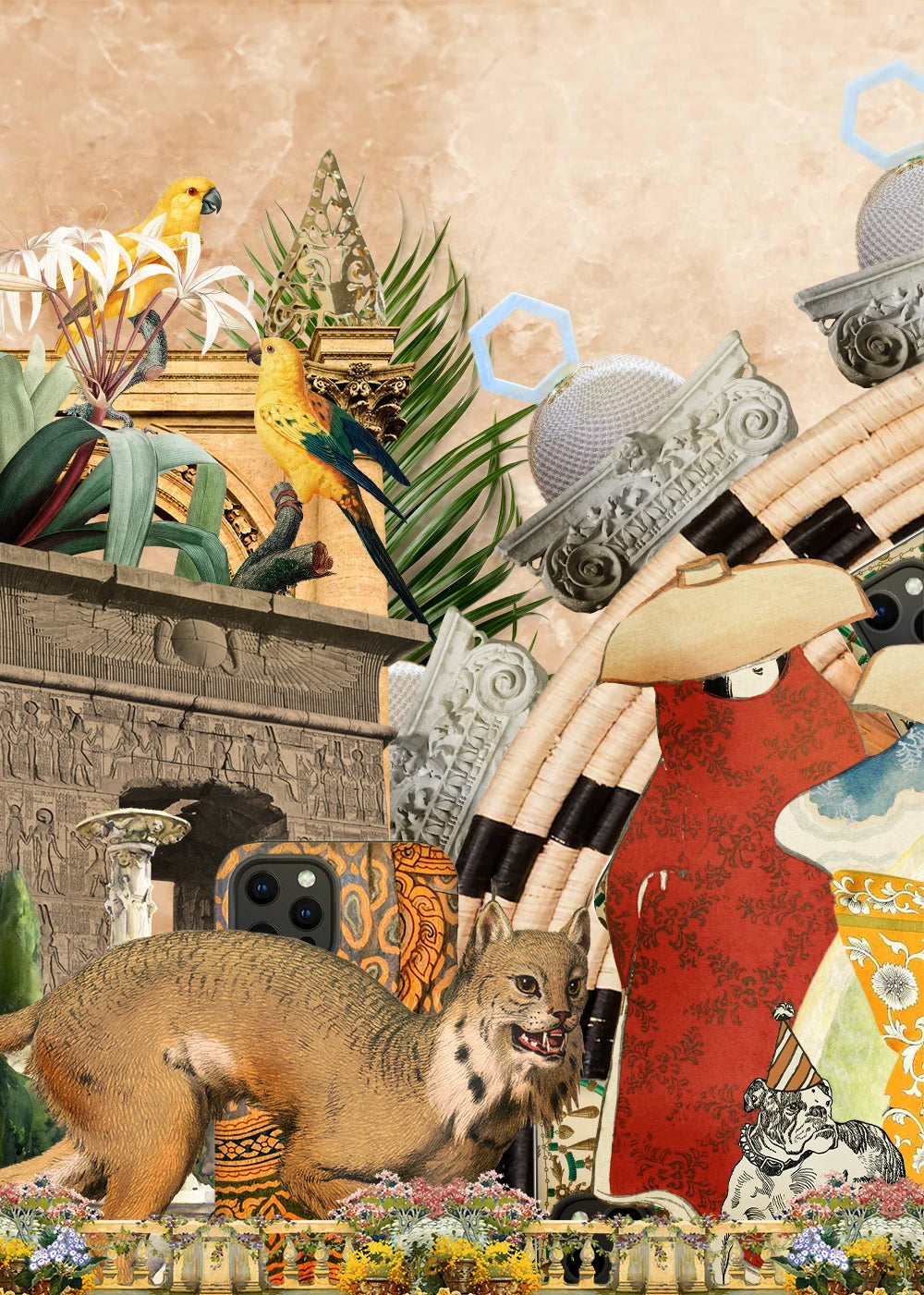 collage of animals and architecture