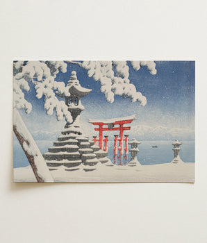 Snow at Itsukushima - Kawase Hasui Fine Art Print / Canvas Snow-covered Japanese Torii Gate Lanterns Depicted Rectangular Falls Heavy, Seto