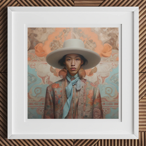 Iyaan - Gay Malay Cowboy Dandy Art Print, Framed Portrait Artwork Wide-brimmed White Hat Light Blue