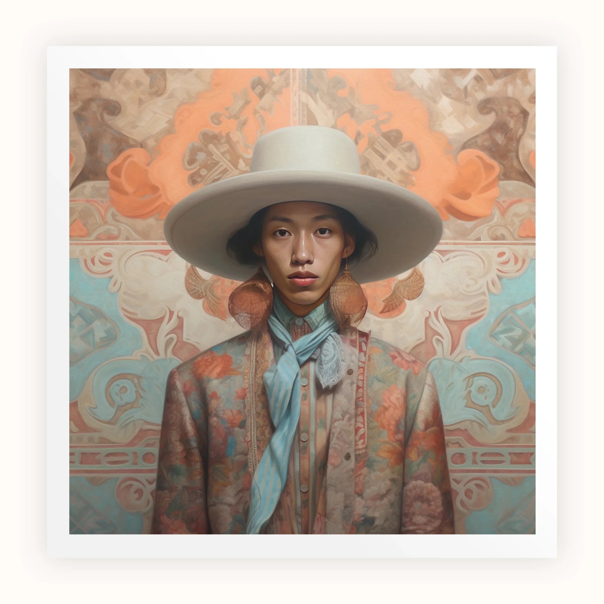 Iyaan - Gay Malay Cowboy Dandy Art Print, Person Wide-brimmed Gray Hat Turquoise Neckerchief Decorative Backdrop