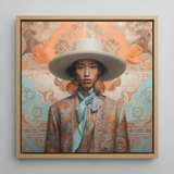 Iyaan - Gay Malay Cowboy Dandy Framed Canvas, 12x12’’ / 31x31cm / Natural Floating Frame, Framed Portrait Painting Person Wide-brimmed Hat