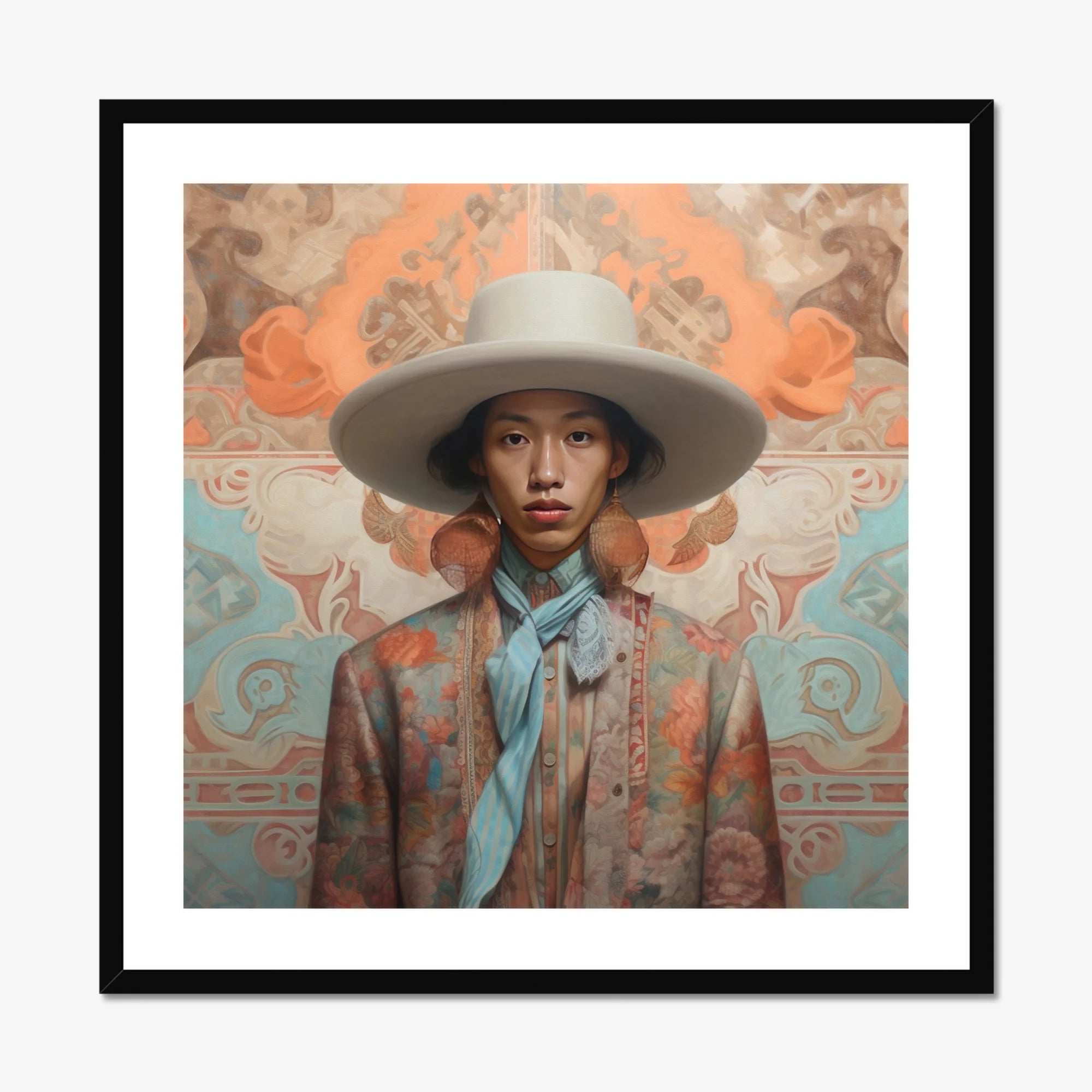 Iyaan - Gay Malay Cowboy Dandy Art Print, Framed Portrait Person Hat Patterned Jacket