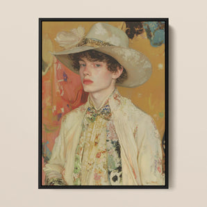 Jacob - Queer Couture Cowboy Framed Canvas, 12x16’’ / 31x41cm / Black Floating Frame, Framed Portrait Young Man Hat