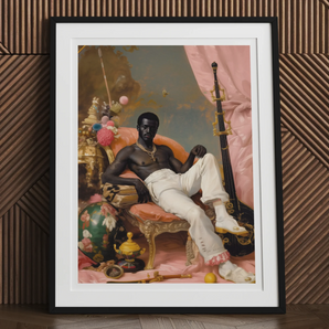 Jacques - Gay Black Sailor Dandy Art Print, Framed Portrait Shirtless Man Seated Regally Among Colorful