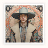 Jacy - Native American Gay Cowboy Art Print, Portrait Wide-brimmed Gray Hat Cream-colored Coat Patterned Scarf