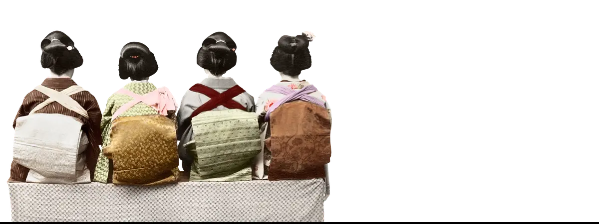 Four women in colorful kimonos showcasing textile art iphone cases for art iphone enthusiasts