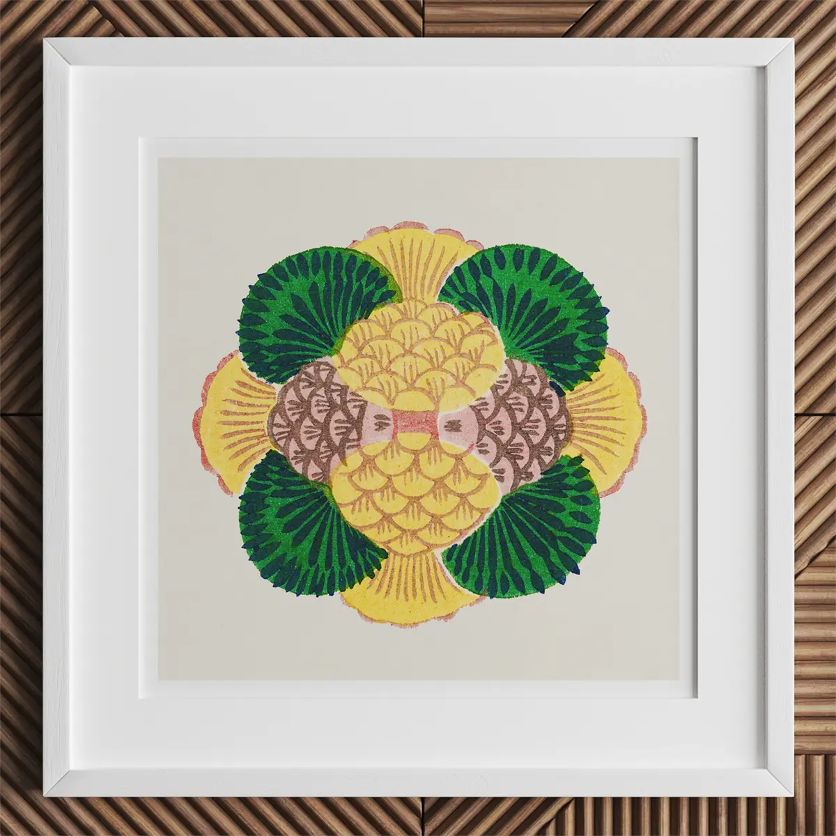 Framed floral art print inspired by Taguchi Tomoki’s Tsubaki woodblock prints, late Edo period.
