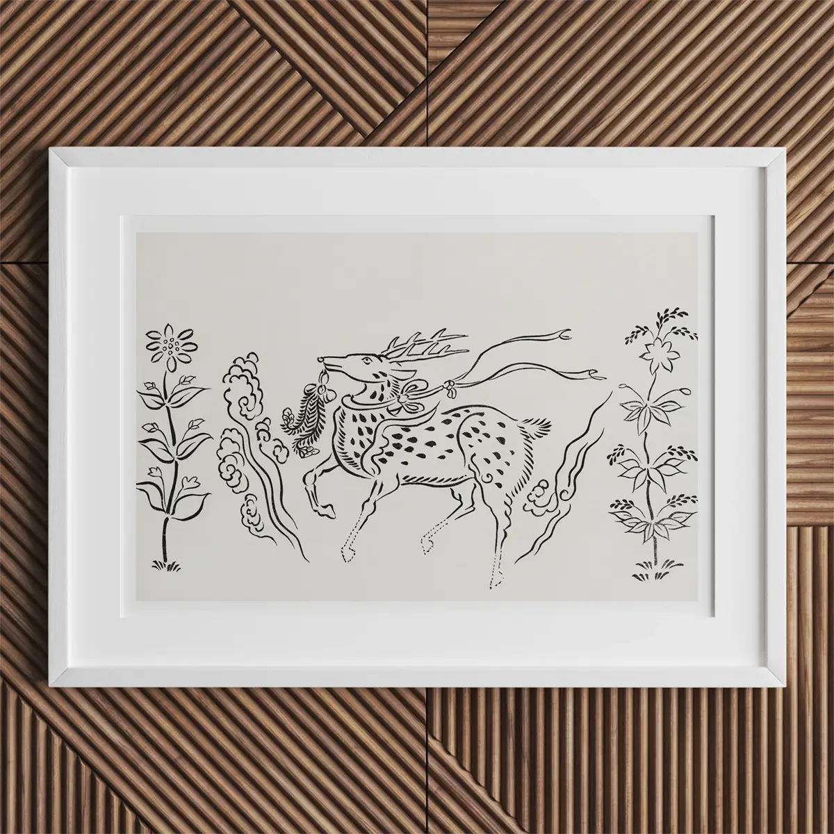 Framed deer illustration from Taguchi Tomoki’s Tsubaki woodblock prints, late Edo period.