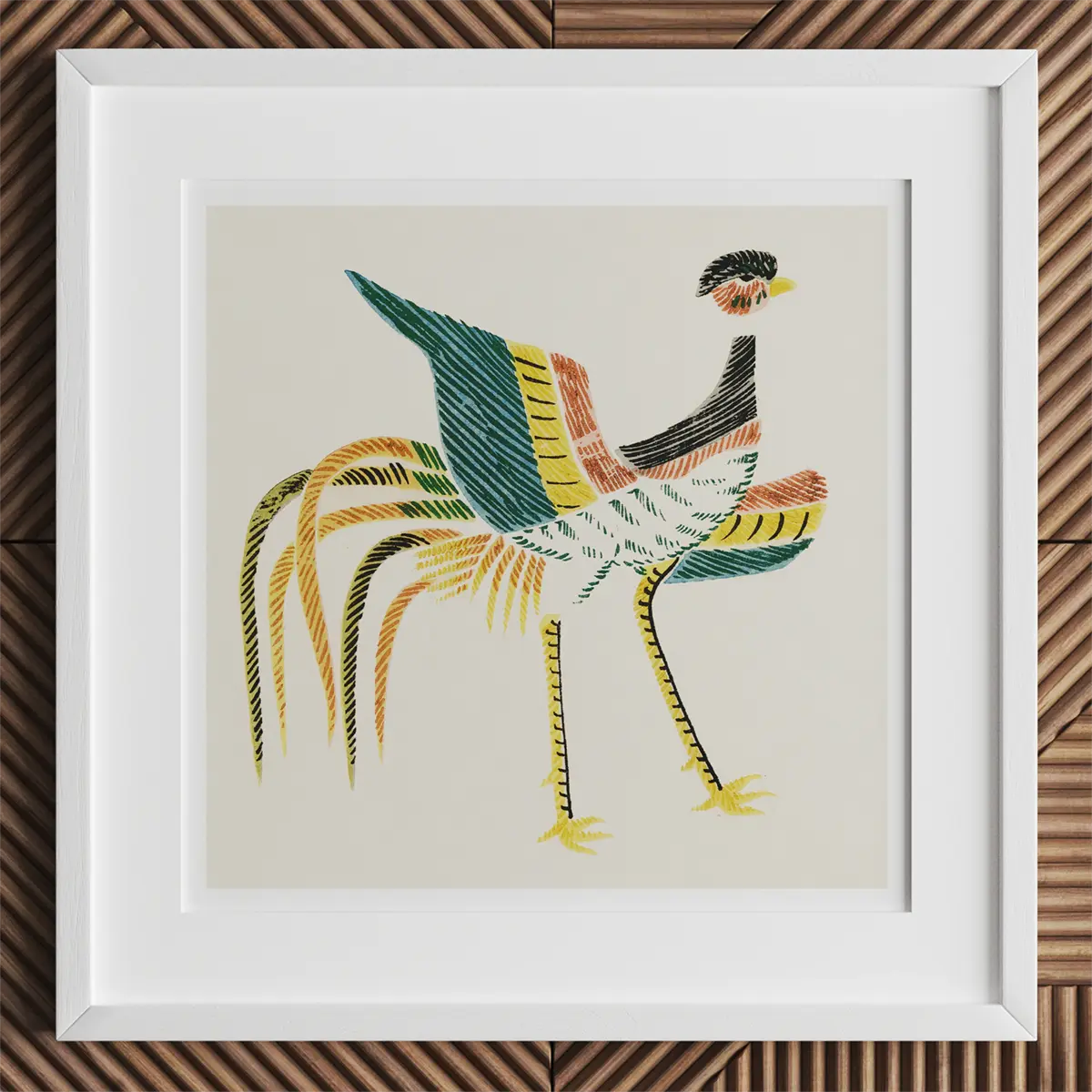 Colorful rooster art framed, inspired by Taguchi Tomoki and late Edo period Tsubaki woodblock prints.