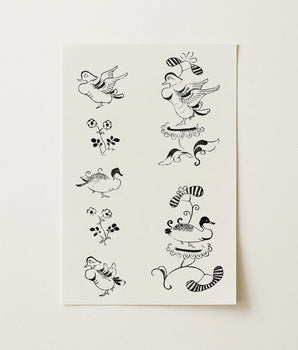 Ducks and Flowers - Taguchi Tomoki Fine Art Print Minimalist Black-and-white Illustrated Postcard Stylized Floral Motifs, Vintage Japanese
