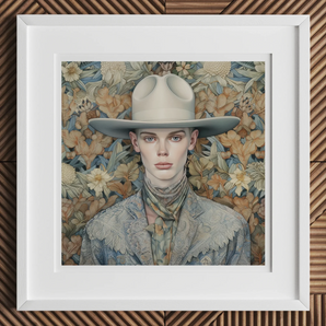 Jasper - Twink Cowboy Dandy Art Print, Framed Artwork Portrait Light-colored Cowboy Hat Floral Wallpaper