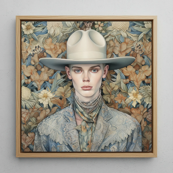 Jasper - Twink Cowboy Dandy Framed Canvas, 12x12’’ / 31x31cm / Natural Floating Frame, Framed Painting Person Cowboy Hat Patterned Scarf