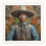 Junada - Gaysian Malay Cowboy Art Print, Person Wide-brimmed Gray Hat Light Blue Shirt Patterned