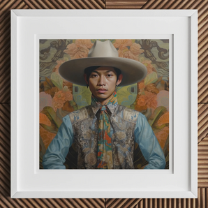 Junada - Gaysian Malay Cowboy Art Print, Framed Portrait Photograph Wide-brimmed Hat Blue Shirt Patterned