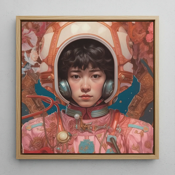 Kaito - Gay Japanese Astronaut Framed Canvas, 12x12’’ / 31x31cm / Natural Floating Frame, Framed Painting Person Pink Astronaut Suit Helmet