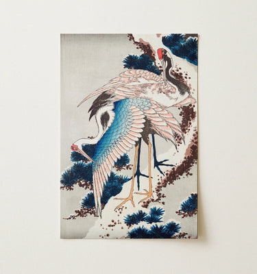 Cranes on a Snowy Tree - Katsushika Hokusai Fine Art Print / Canvas Rectangular Japanese Woodblock Two Elegant White Red-crowned Crane,