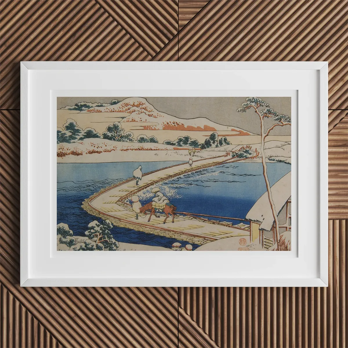 Framed Japanese winter landscape print highlighting Ukiyo-e woodblock prints from the Edo period