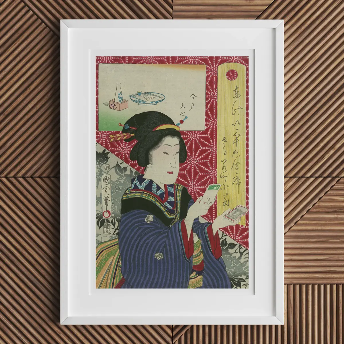 Framed Japanese woodblock print by Toyohara Kunichika featuring iconic Kabuki actors