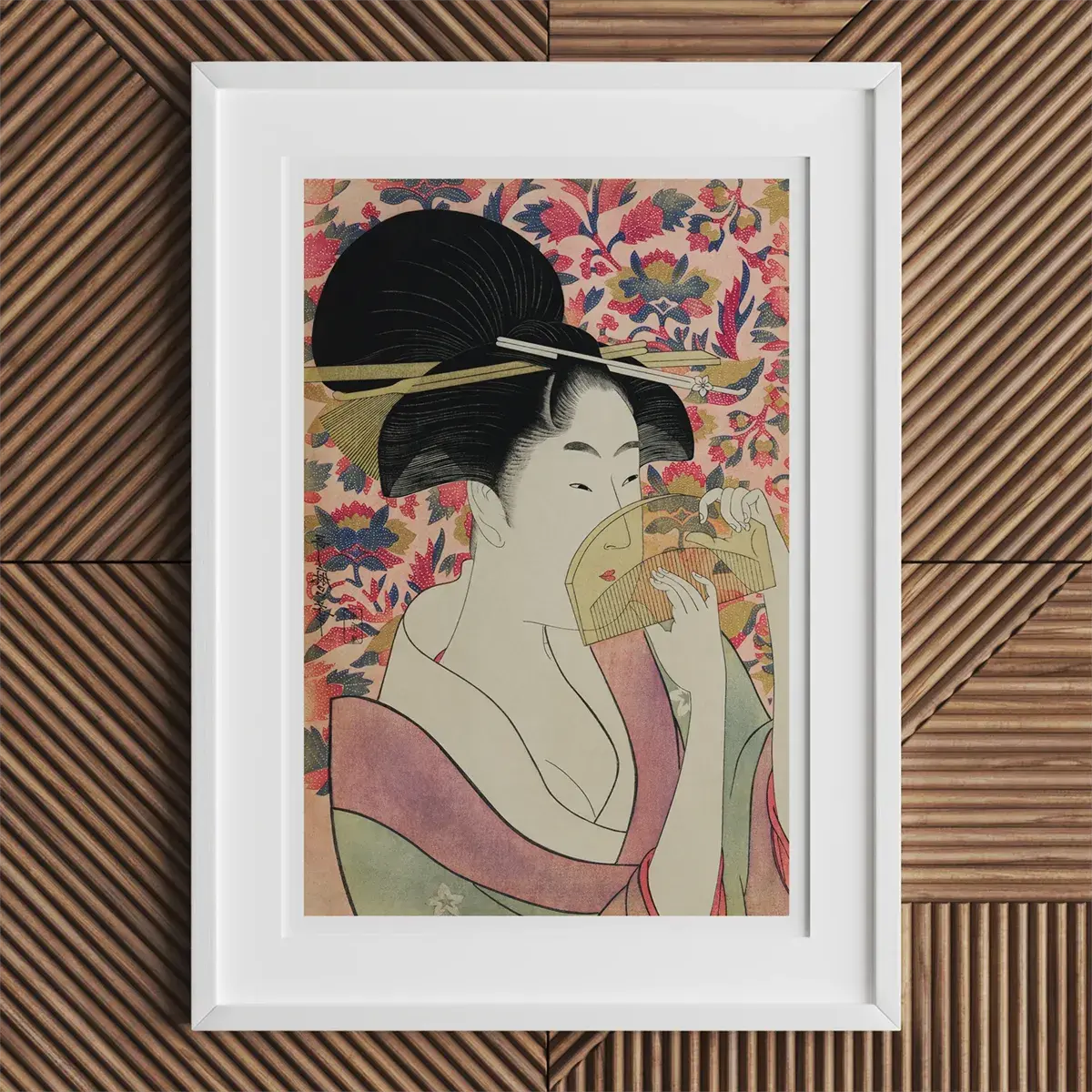 Framed Japanese art print showcasing Kitagawa Utamaro’s Ukiyo-e printmaking style