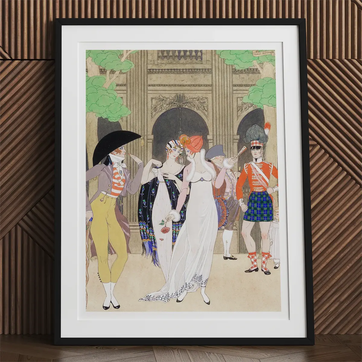 Framed fashion illustration by George Barbier showcasing Art Deco style from the Roaring Twenties.