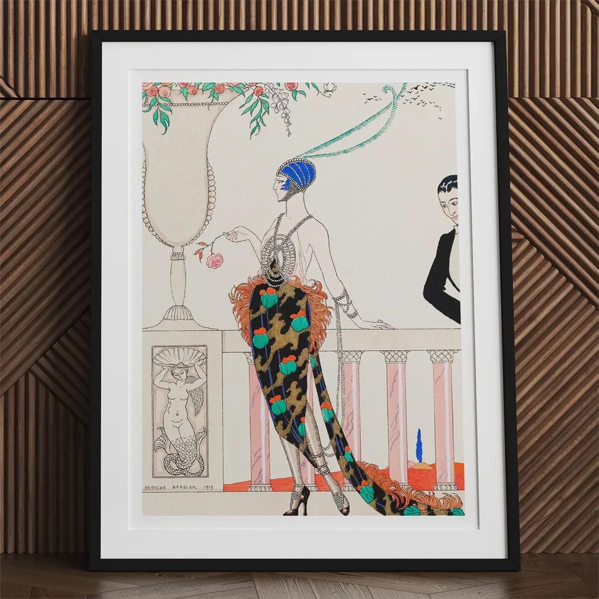 Framed Art Deco fashion illustration by George Barbier reflecting the Roaring Twenties.