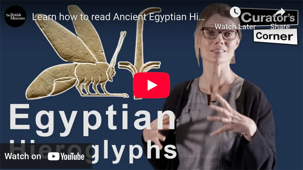 YouTube video on reading ancient Egyptian hieroglyphs for art history enthusiasts.
