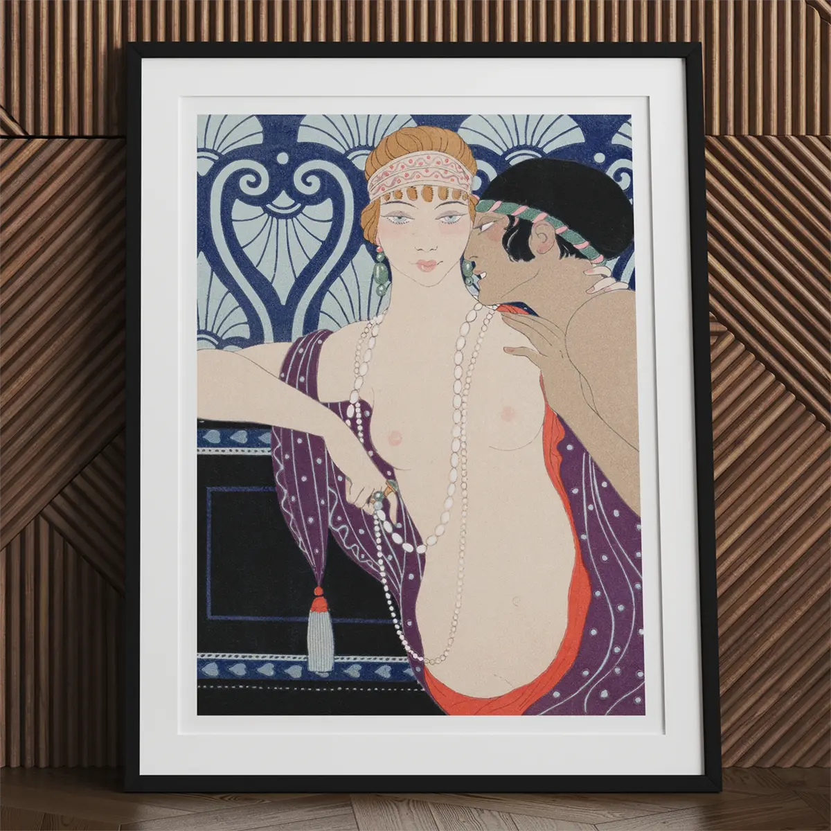 Framed Art Deco print by George Barbier showcasing the glamour of the Roaring Twenties