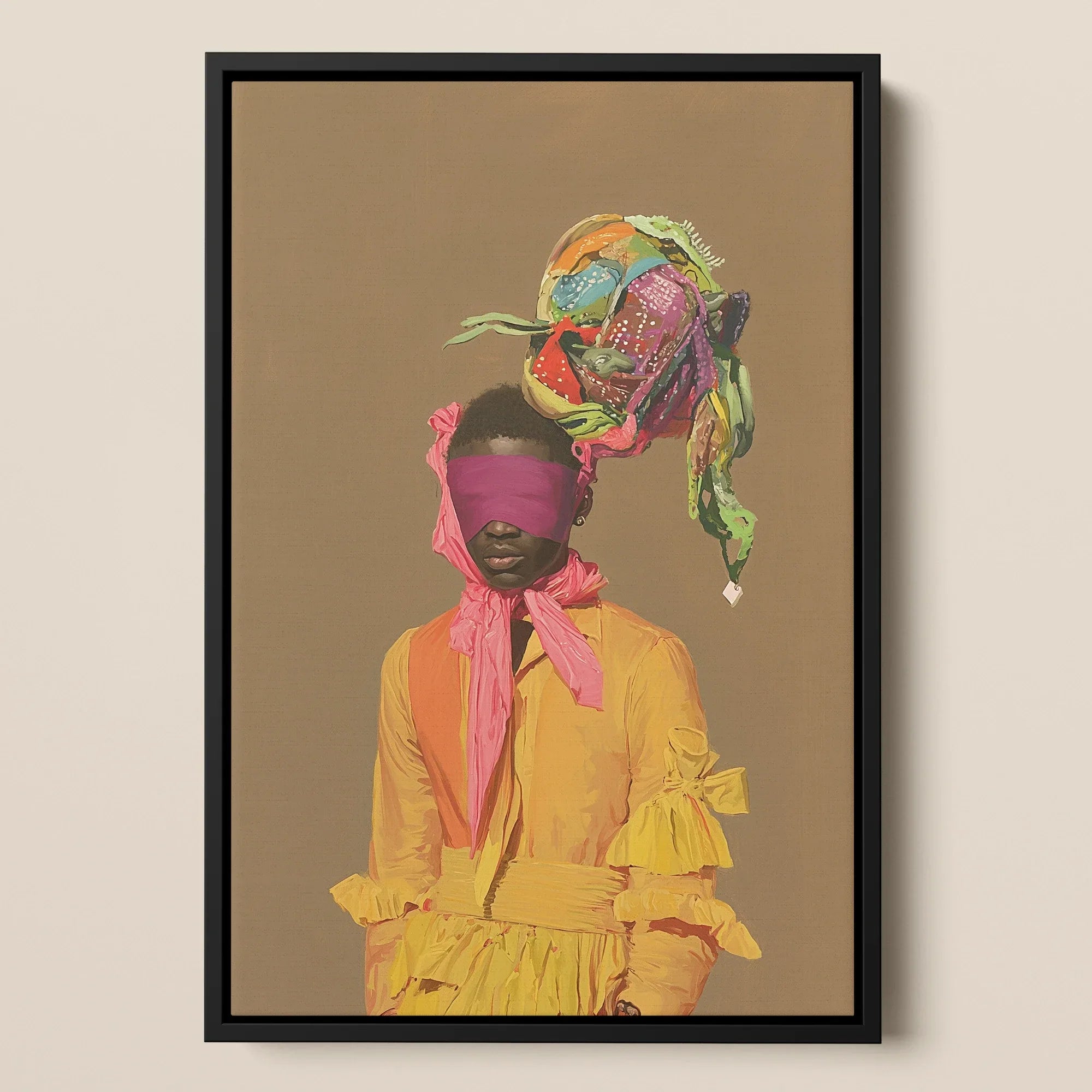 Liberty Neo Baroque Afro Surrealist Fashion Framed Canvas, Framed Portrait Person Pink Blindfold Colorful Headpiece