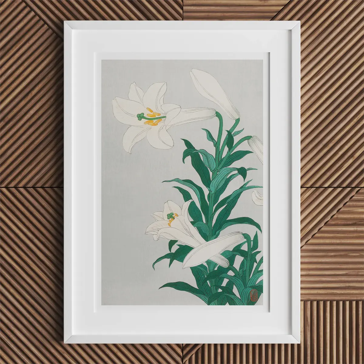Framed lily flower print by Ohara Koson from the Shin-hanga movement in Japanese woodblock art.