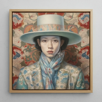 Longwei - Chinese Femboy Cowboy Art Framed Canvas, 12x12’’ / 31x31cm / Natural Floating Frame, Portrait Painting Person Wide-brimmed Hat