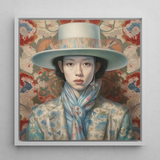 Longwei - Chinese Femboy Cowboy Art Framed Canvas, 12x12’’ / 31x31cm / White Floating Frame, Framed Portrait Woman Hat Patterned Clothing