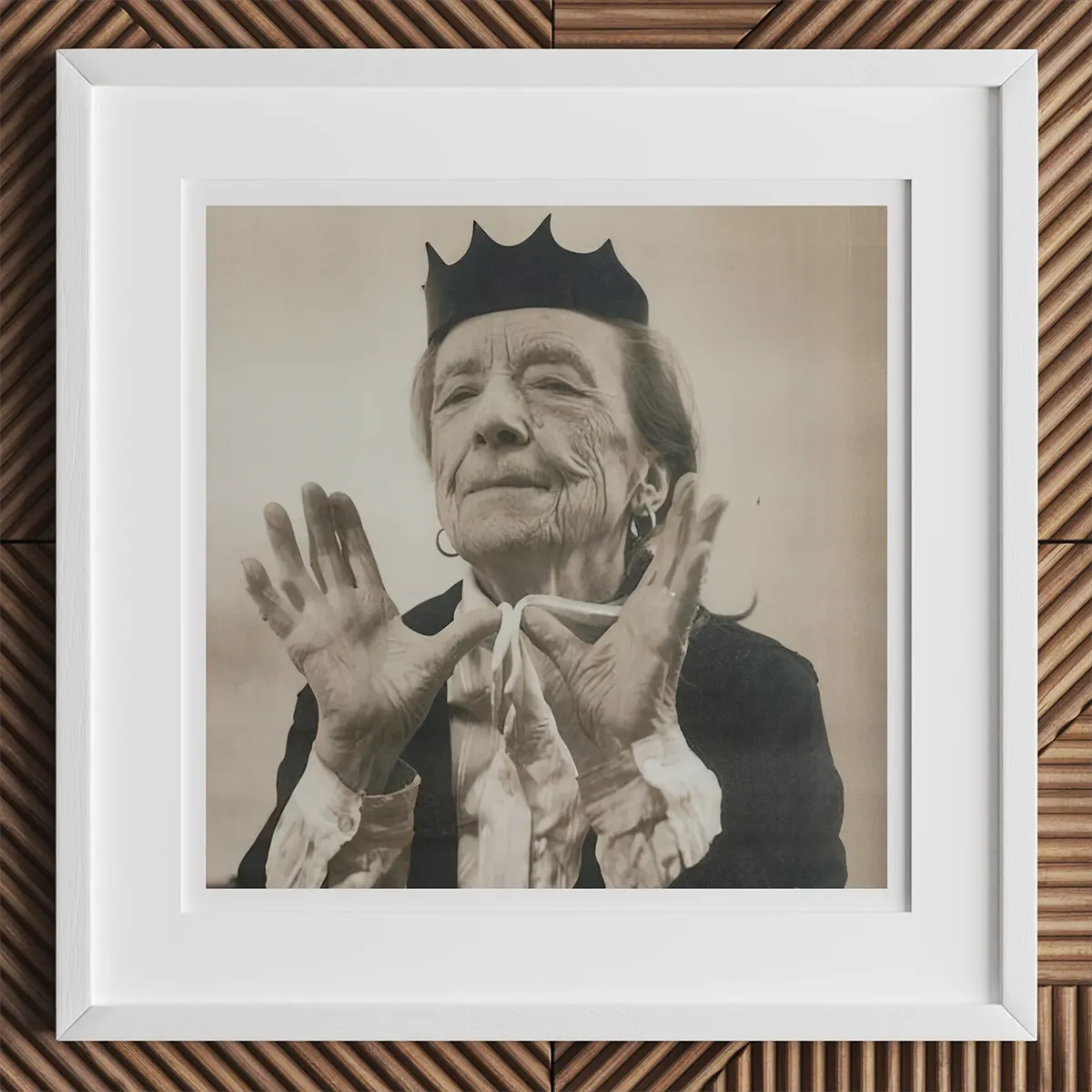 Framed black and white photo of elderly woman with crown making hand gestures in art article