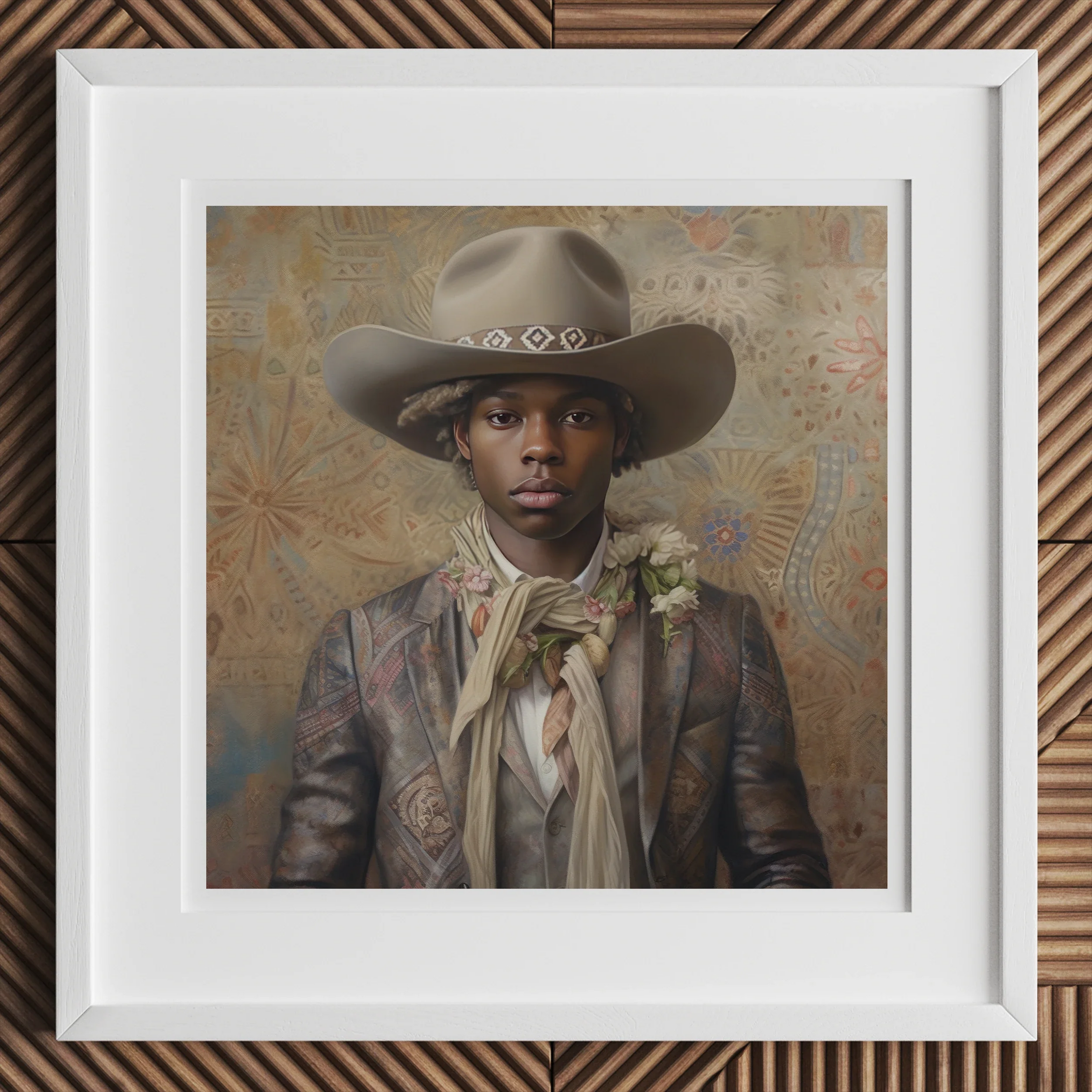 Lysander - Gay Black Dandy Cowboy Art Print, Framed Portrait Photograph Person Cowboy Hat Leather Jacket