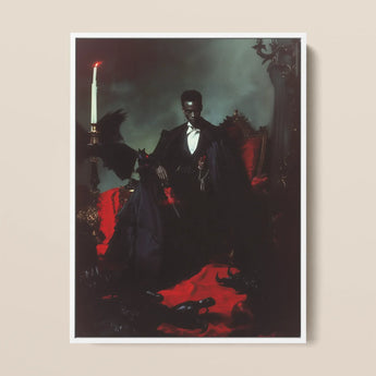 Maharet - Gay Black Vampire Framed Canvas, 12x16’’ / 31x41cm / White Floating Frame, Framed Portrait Dark-skinned Man Suit Chair Red Fabric