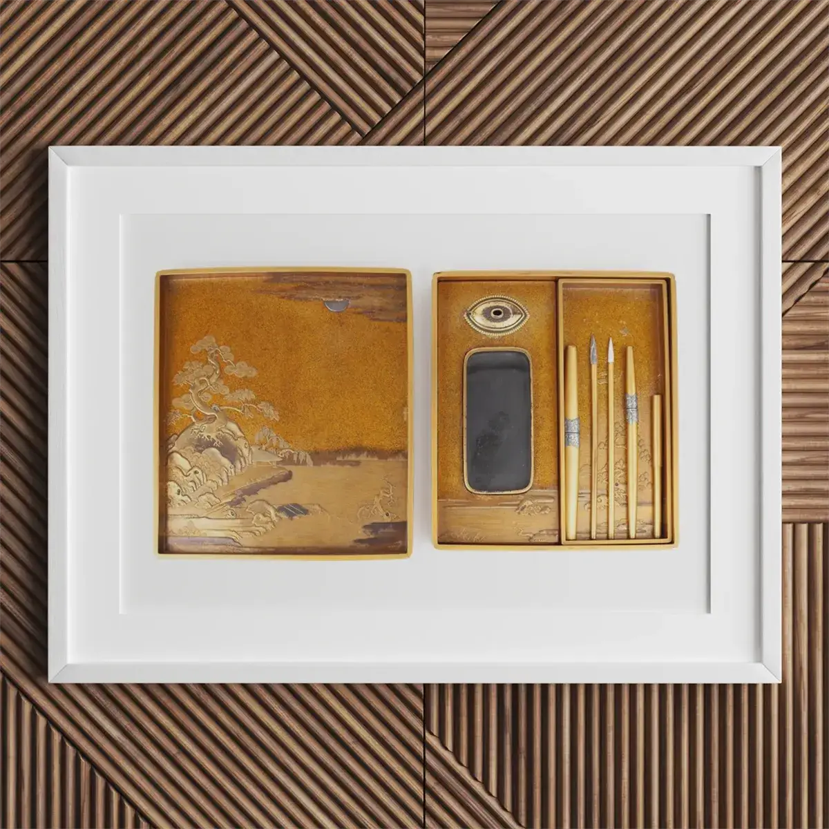 Framed golden Rinpa School artwork with eye and brushes inspired by Tawaraya Sōtatsu and Kamisaka Sekka