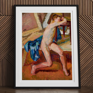 Male Nude - Wojciech Weiss Fine Art Print, Black Framed Nude Figure Painting Blue Fabric Orange