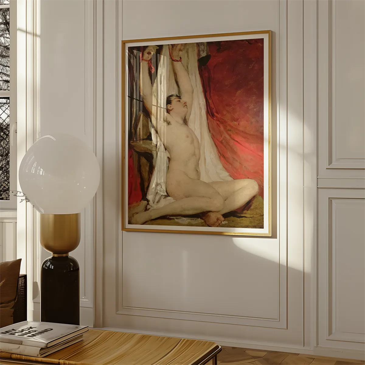 Framed nude painting by William Etty showcasing male nudes from the 19th century
