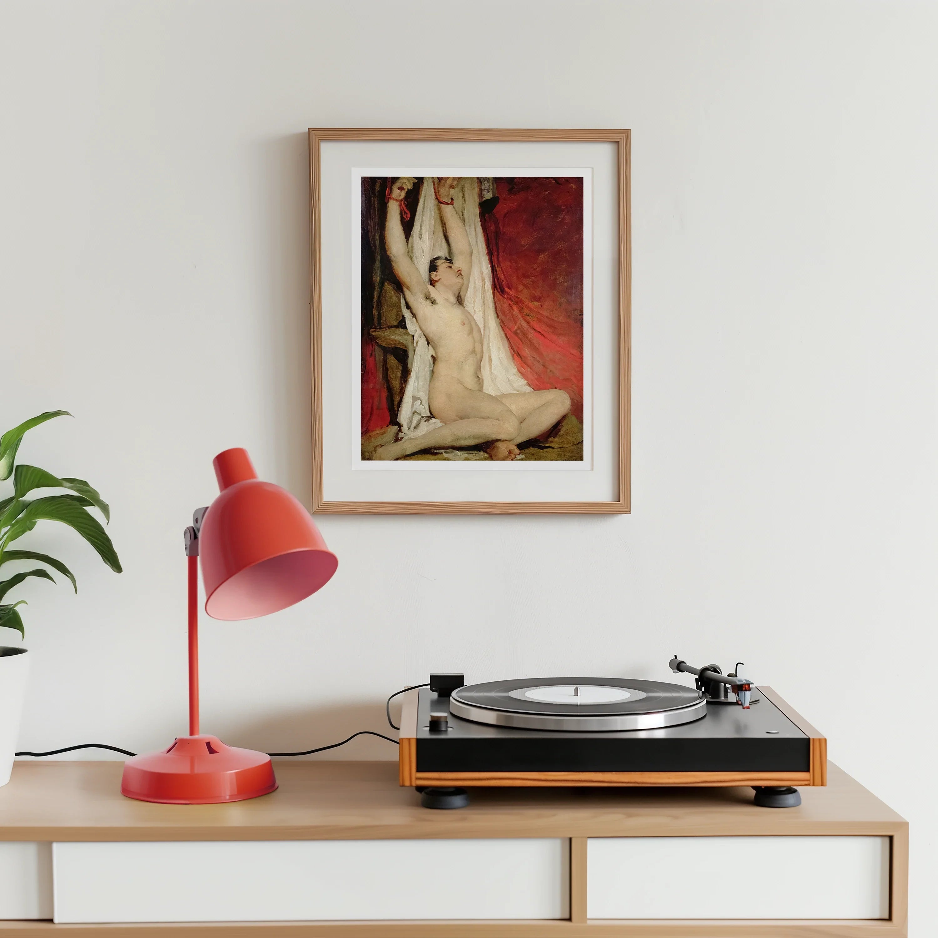 Male Nude Arms Upstretched - William Etty Art Print, Turntable Wooden Base Black Platter Sits Red Desk