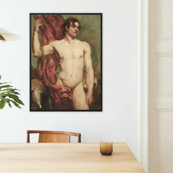 Male Nude Standard Bearer - William Etty Framed Canvas, Classical Nude Figure Painting Red Drapery Dark Frame