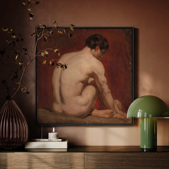 Male Nude from the Back - William Etty Framed Canvas, Classical Nude Figure Painting Dark Wooden Frame