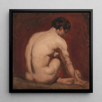 Male Nude from the Back - William Etty Framed Canvas, 12x12’’ / 31x31cm / Black Floating Frame, Nude Male Figure Seated Turned Painted