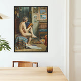 Male Nude with Accordion - Julien Renevier Framed Canvas, Framed Classical Painting Nude Figure Mounted White Wall