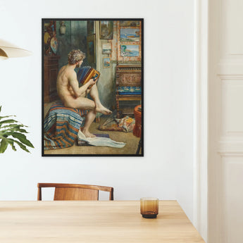 Male Nude with Accordion - Julien Renevier Framed Canvas, Framed Classical Painting Nude Figure Mounted White Wall