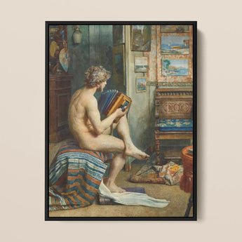 Male Nude with Accordion - Julien Renevier Framed Canvas, Nude Figure Seated Striped Cloth Accordion-style Book Document