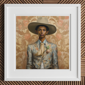 Mallaravan - Tamil Transgender Cowboy Art Print, Framed Portrait Painting Person Wide-brimmed Hat Floral Suit