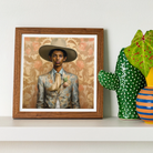 Mallaravan - Tamil Transgender Cowboy Art Print, Framed Portrait Painting Figure Gray Floral Suit Wide-brimmed