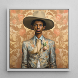 Mallaravan - Transgender Tamil Cowboy Framed Canvas, 12x12’’ / 31x31cm / White Floating Frame, Framed Portrait Man Floral Suit Hat