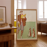 Man Reading a Book with Hares - Edward Penfield Art Print, Framed Illustration Person Vintage Attire Two Rabbits