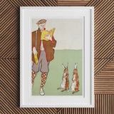 Man Reading a Book with Hares - Edward Penfield Art Print, Framed Artwork Stylized Figure Two Rabbits Field
